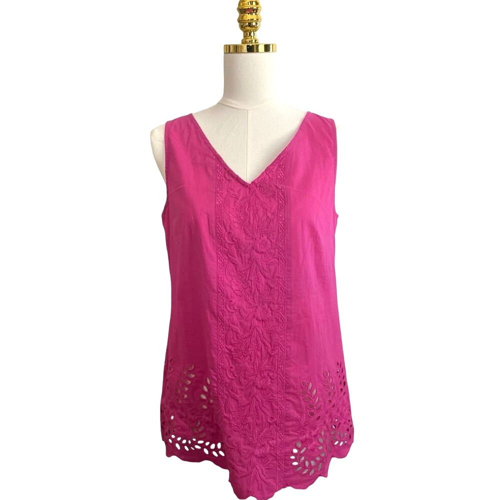 Soft Surroundings Pink Embroidered Eyelet Tank XS Scalloped Hem Layering Resort